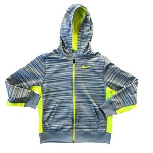 Nike Therma Fit Hoodie, Youth Boys Large, Full Zip, Gray Yellow Striped Volt
